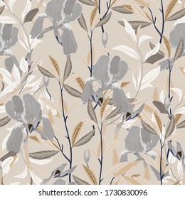 Seamless vector floral pattern. Arrangement cream iris flowers by delicately leaves on a light beige color background. Hand-drawn illustration. Square repeating pattern for fabric and wallpaper.