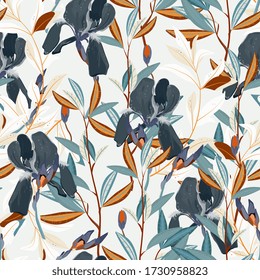 Seamless vector floral pattern. Arrangement dark blue iris flowers by delicately leaves on a light cream color background. Hand-drawn illustration. Square repeating pattern for fabric and wallpaper.