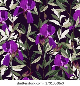 Patrón floral vectorial sin foco. Arreglo de flores de iris lilac con hojas delicadamente verdes sobre un fondo violeta oscuro. Ilustración dibujada a mano. Patrón de repetición cuadrado para tela y papel pintado.