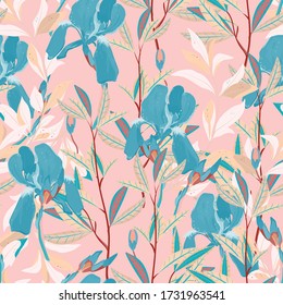 Seamless vector floral pattern. Arrangement light blue iris flowers by delicately leaves on a light hot pink color background. Hand-drawn illustration. Square repeating pattern for fabric