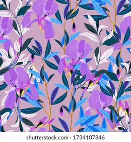 Seamless vector floral pattern. Arrangement lilac iris flowers by delicately blue leaves on a light beige color background. Hand-drawn illustration. Square repeating pattern for fabric and wallpaper.