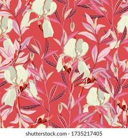 Seamless vector floral pattern. Arrangement cream iris flowers by delicately leaves on a light red color background. Hand-drawn illustration. Square repeating pattern for fabric and wallpaper.