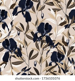 Seamless vector floral pattern. Arrangement dark blue iris flowers by delicately cream leaves on a light beige, tan color background. Hand-drawn illustration. Square repeating pattern for fabric 