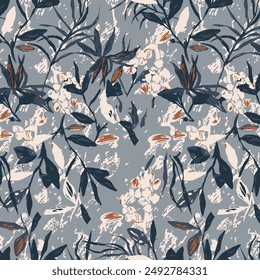 Seamless vector floral pattern. Arrangement dark blue flowers by delicately leaves on a light blue color background. Hand-drawn illustration. Square repeating pattern for fabric and wallpaper.