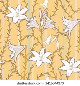 Seamless vector floral pattern art nouveau style with white lilies,leaves, stripes and stems on yellow background