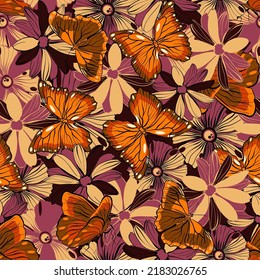 Seamless vector floral pattern with autumn orange butterflies and flowers 