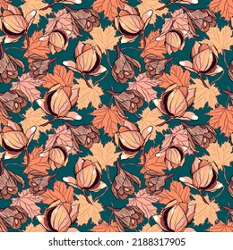 Seamless vector floral pattern with autumn magnolia and crocus flowers and maple leaves on a green background 
