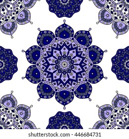 Seamless vector floral pattern in azulejo palette, shades of blue on white background. Ornamental print inspired by traditional Oriental decorative arts Moorish & Portuguese ceramic art.