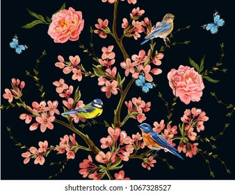 Seamless vector floral pattern background with hand drawn birds, butterflies,  tropical japanese flowers, branches, peony flowers. Perfect for wallpapers, surface textures, textile.