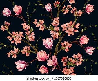 Seamless vector floral pattern background with hand drawn tropical japanese flowers, magnolia flowers, spring branches. Perfect for wallpapers, web page backgrounds, surface textures, textile.