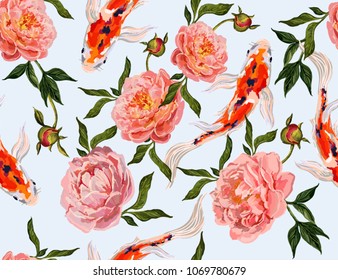 Fondo de estampado floral vectorial sin fisuras con peces koi dibujados a mano, flores tropicales japonesas, flores de peonía, ramas. Perfecto para fondos de escritorio, fondos de página web, texturas superficiales, textiles.