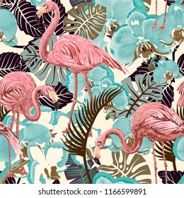 Seamless vector floral pattern background with tropical palm leaves and flamingo. Seamless pattern with flamingos and tropical plants. Vector clipart.