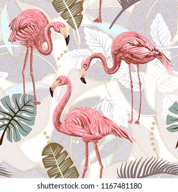 Fundo de padrão floral vetorial sem costura com folhas de flamingo e palmeira. Padrão sem costura com flamingos e plantas tropicais. Clipe vetorial.