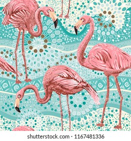 Seamless vector floral pattern background with flamingo. Wallpaper with flamingos and tropical plants. Vector clipart.