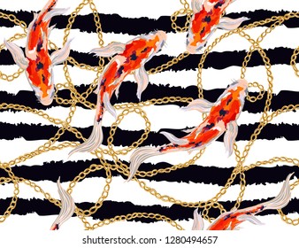 Fondo de patrón floral vectorial sin inconvenientes con peces koi dibujados a mano, cadena, rayas. Perfecto para fondos de escritorio, fondos de página web, texturas superficiales, textiles. Aislado sobre fondo blanco