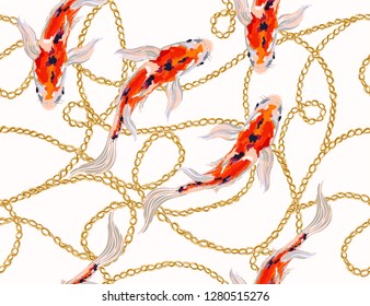 Seamless vector floral pattern background with hand drawn koi fish, chain. Perfect for wallpapers, web page backgrounds, surface textures, textile.