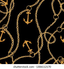 Seamless vector floral pattern background with hand drawn chain, anchor. Perfect for wallpapers, web page backgrounds, surface textures, textile. Isolated on black background