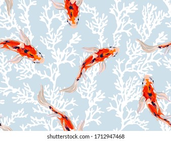 Seamless vector floral pattern background with hand drawn koi fish, corals. Perfect for wallpapers, web page backgrounds, surface textures, textile.