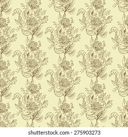 Seamless vector floral pattern background, vintage scratched ornament with flowers, hand drawn art illustration