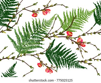 Seamless vector floral pattern background with hand drawn tropical japanese flowers, cherry flowers, fern leaves, butterflies. Perfect for wallpapers, web page backgrounds, surface textures, textile.