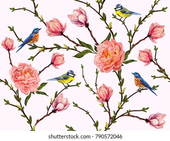 Seamless vector floral pattern background with hand drawn birds, tropical japanese flowers, magnolia, peony flowers. Perfect for wallpapers, web page backgrounds, surface textures, textile.