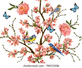 Seamless vector floral pattern background with hand drawn birds, butterflies,  tropical japanese flowers, branches, peony. Perfect for wallpapers, web page backgrounds, surface textures, textile.