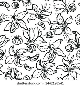 Seamless vector floral pattern with Bauhinia flowers and leaves. Hong Kong orchid tree -  national flower.