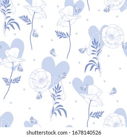 Seamless Vector Floral Pattern with beautiful flowers, butterflies and hearts for decoration, print, textile, stationery, fabric.