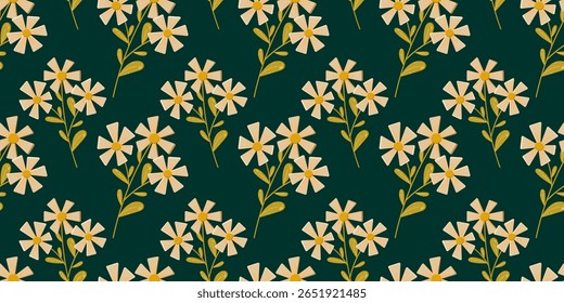 Seamless vector floral pattern with beige daisy-style flowers and olive green leaves in flat hand-drawn style on dark green background. Perfect for textile print, wrapping paper, packaging, wallpapers