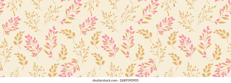 Seamless vector floral pattern with beige background, golden leaves, and pink blossoms. Elegant botanical design for fabric, packaging, stationery, and wallpapers