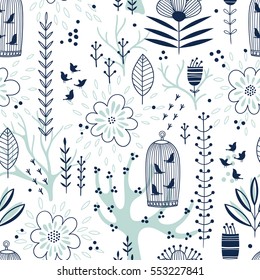 Seamless vector floral pattern with birdcages 