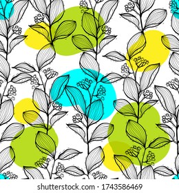 Seamless vector floral pattern with black outlines of branches, leaves, berries, with bright abstract blue, yellow, green spots on a white background. Hand drawn plant branch