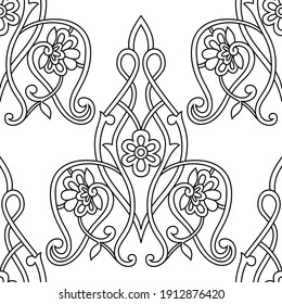 Patrón floral vectorial sin foco. Ilustración de flores de acento negro. Papel pintado de estilo para diseño, tela, textil, cubierta, banner publicitario. Fondo delgado de línea.