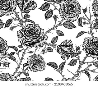 Seamless vector floral pattern of black and white roses with stems, leaves, buds and thorns tangled on white background.