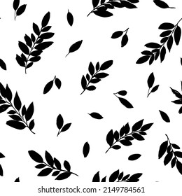 Seamless vector floral pattern with black leaves. Hand drawn plant black ink silhouettes. Abstract botanical background with decorative leaves for fabric, wrapping and textile. Vector illustration