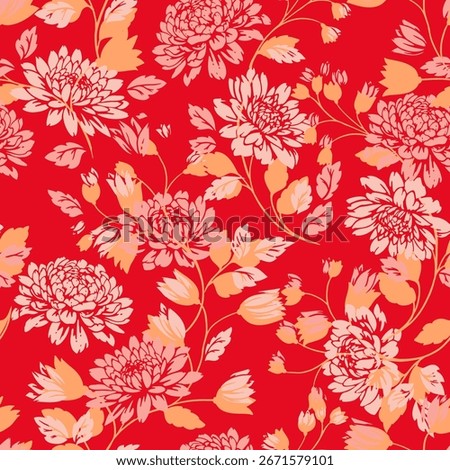 Seamless vector floral pattern with blooming chrysanthemums and leaves in soft peach and pink tones on a bold red background. Designs for textiles, fashion, and decor