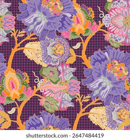 Seamless vector floral pattern with bold purple flowers and colorful details on a dark grid background, decorative design for fabric and prints.