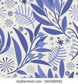 Seamless vector floral pattern. Botanical background in blue.