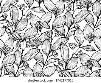 Seamless vector floral pattern with branches, leaves and berries on a white background. Monochrome background. Hand drawn plant branch. Ideal for wedding invitations, greeting cards, blogs, posters