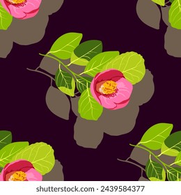 Seamless vector floral pattern of bright large Camellia japonica flowers on a black background for fabric design. Vector illustration.