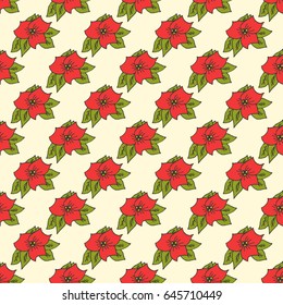 Seamless vector floral pattern. Bright red flowers with green leaves with a dark stroke on a pale yellow background