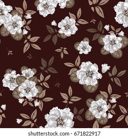 Seamless vector floral pattern. Brown background. Small flowers, leaves, twigs and buds.