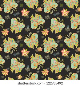 Seamless vector floral pattern with  butterflies on dark background