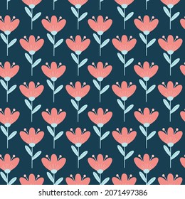 Seamless vector floral pattern in cartoon style with scarlet flowers. Buds, leaves on blue background.