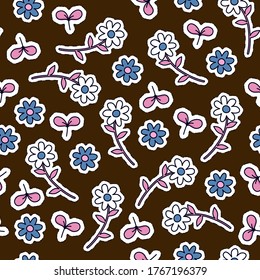 Seamless vector floral pattern in a cartoonl style. Flowers with black stroke on a white isolated background. Stock illustration for web, print, textiles, wrapping paper, wallpaper and background