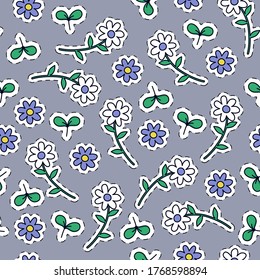 Seamless vector floral pattern in a cartoonl style. Flowers with black stroke on a white isolated background. Stock illustration for web, print, textiles, wrapping paper, wallpaper and background