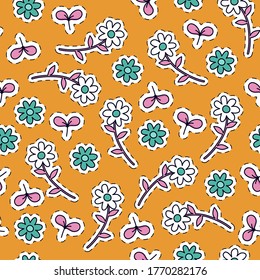 Seamless vector floral pattern in a cartoonl style. Flowers with black stroke on a white isolated background. Stock illustration for web, print, textiles, wrapping paper, wallpaper and background