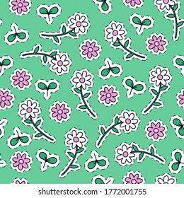 Nahtlose Vektorgrafik-Blumenmuster im Cartoonalstil. Blumen mit schwarzem Schlaganfall auf weißem, isoliertem Hintergrund. Stockillustration für Web, Druck, Textilien, Umhüllung, Tapete und Hintergrund