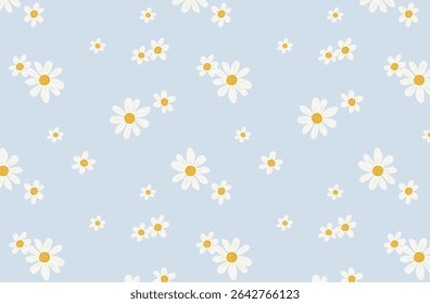 Seamless vector floral pattern with charming white daisies on a pastel blue background. Minimal hand-drawn style. Great for baby products, packaging, digital papers, spring or summer themes.