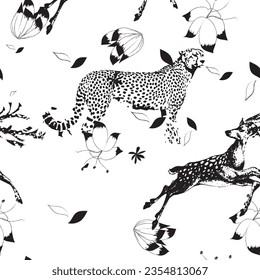 Seamless vector floral pattern with of cheetah. Black and white vector illustration. Vintage background. Engraving. Peony, ferns, tulips, anemones, eucalyptus seeds. Cheetah, animal, flowers